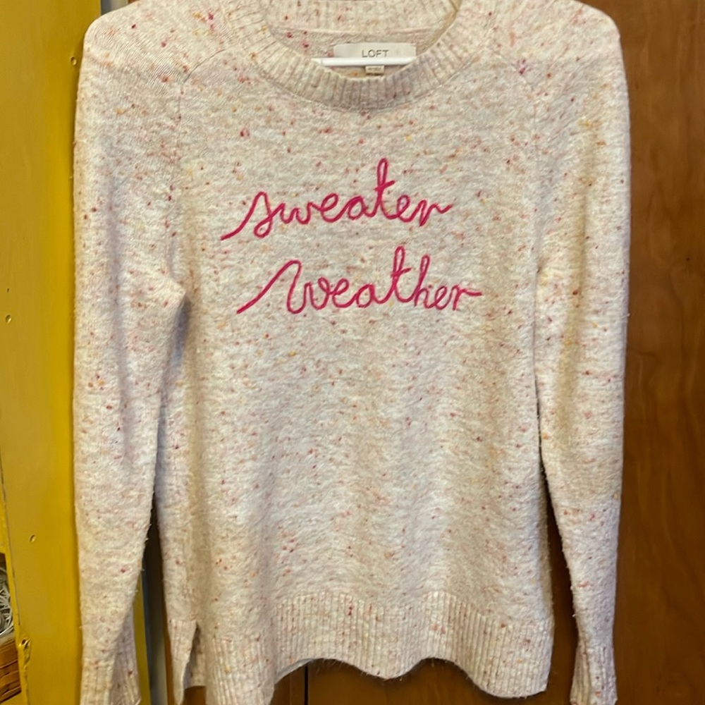 LOFT 'Sweater Weather' Speckled Crewneck Sweater - Cream with Pink Script